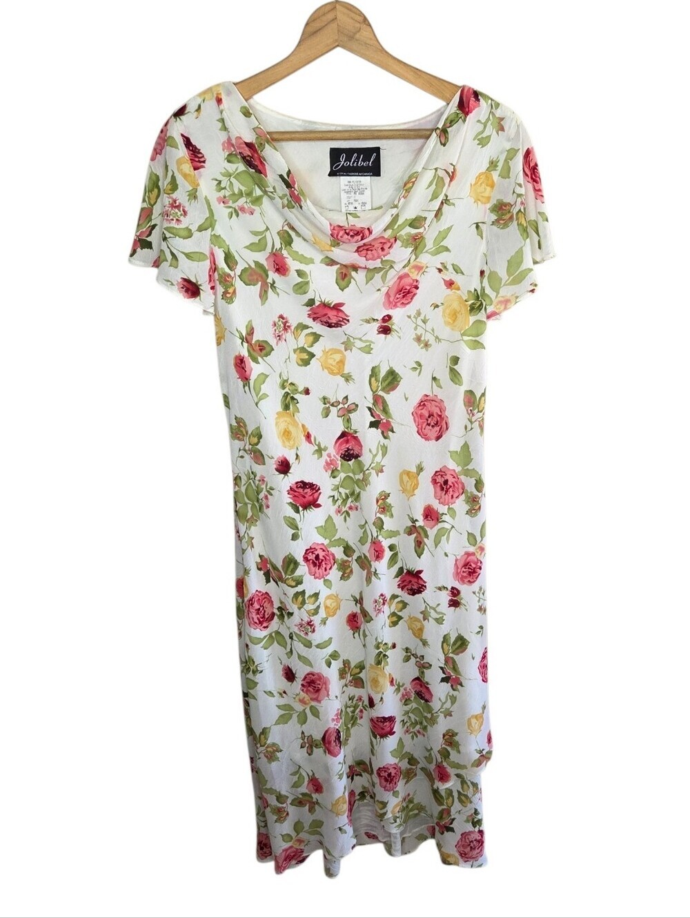 90s Vintage Jolibel Cottagecore Colorful Floral Draped Neck Midi Dress Size 12
